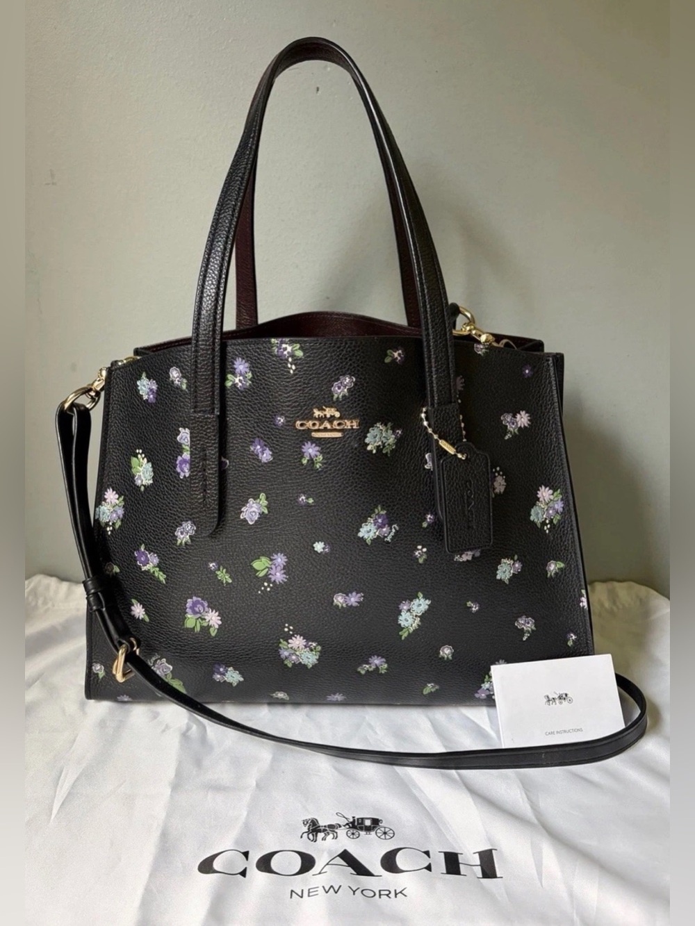 COACH Black Floral Purple Posey Charlie Carryall Black Embossed Pebble Leather